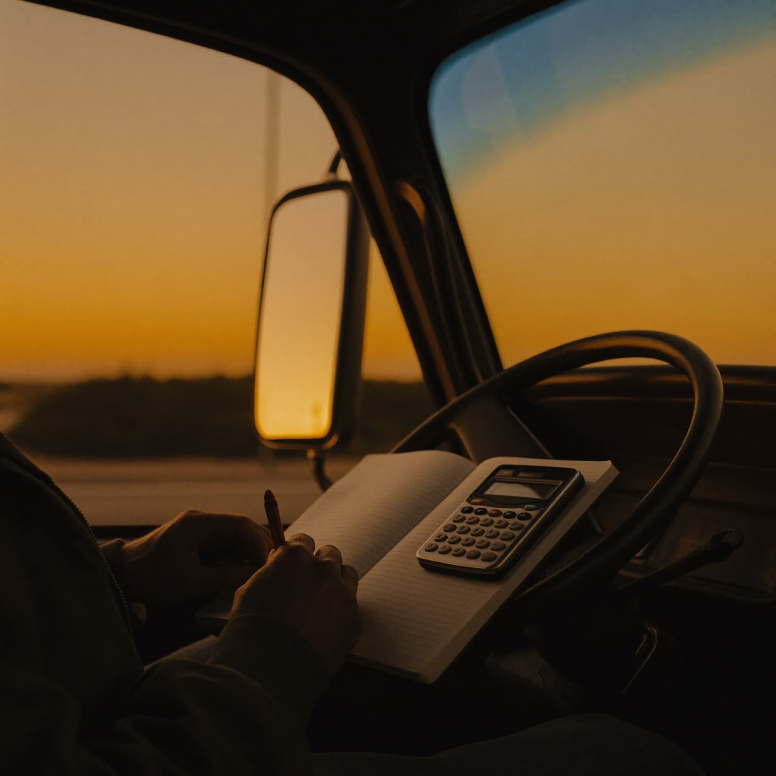 Driver working through numbers in the cab at dusk